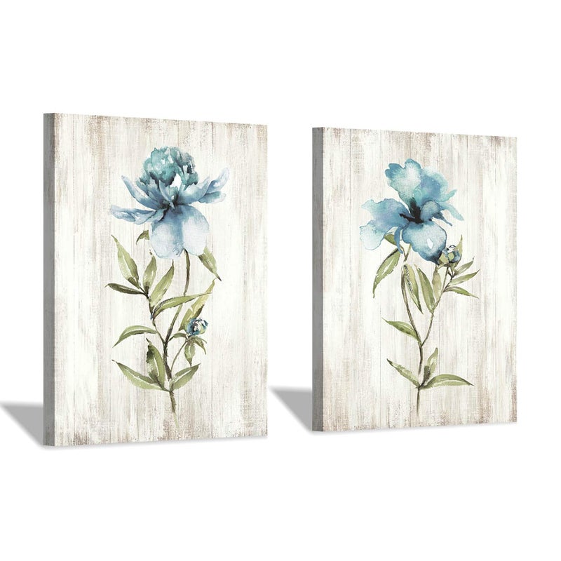 Hardy Gallery Flower Painting Canvas Wall Art: Blue Botanical Floral Artwork Wildflower Picture Print for Living Room (12'' x 16'' x 2 Panels) - Image 1